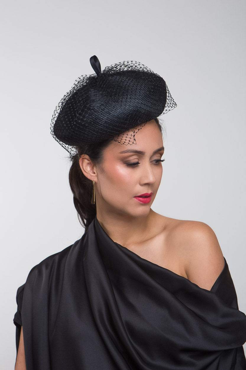 Black Curved Beret with Veiling By Felicity Northeast Millinery