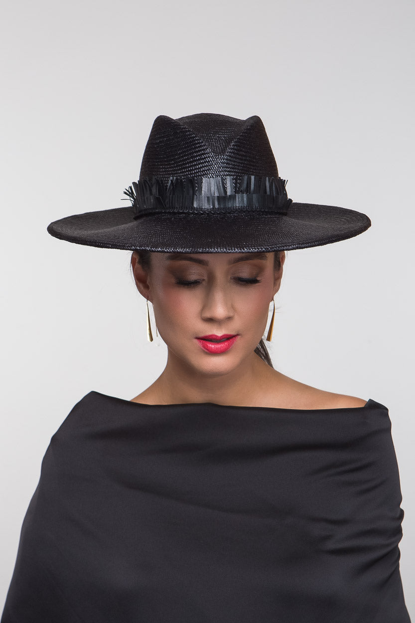 Black Panama Fedora with Fringing By Felicity Northeast Millinery