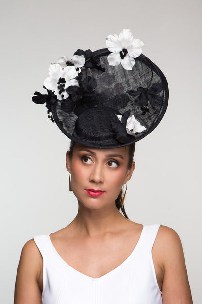 Black and White Floral Platter Hat by Felicity Northeast Milliner