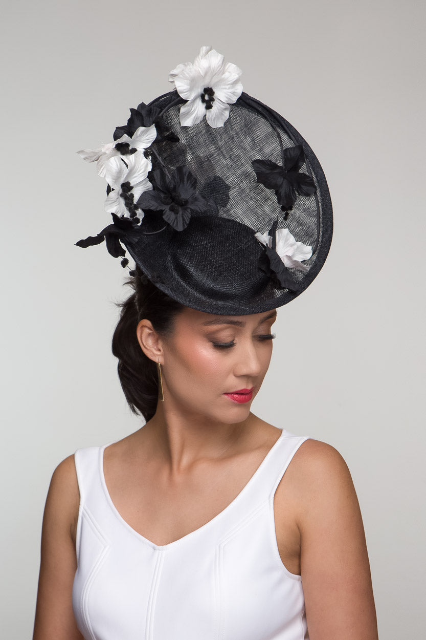 Black and White Floral Platter Hat by Felicity Northeast Millinery