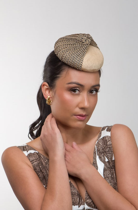 Braided Button Hat in Natural and Navy Highlights