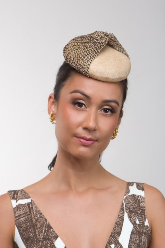 Braided Button Hat in Natural and Navy Highlights