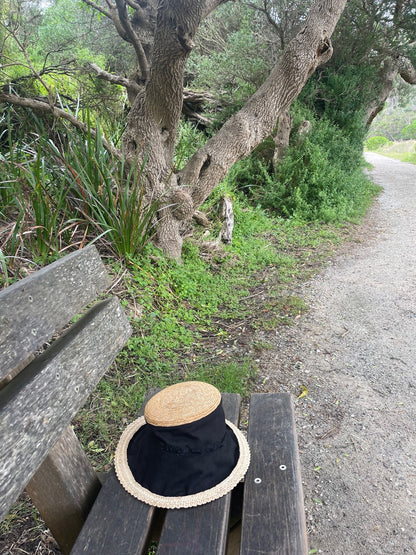 Bucket Travel Sun Hat in Black and Straw Braid