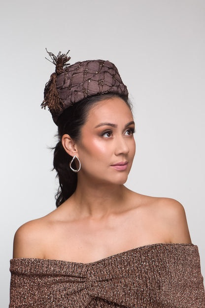 Chocolate Textured Pillbox with Tassels by Felicity Northeast Millinery