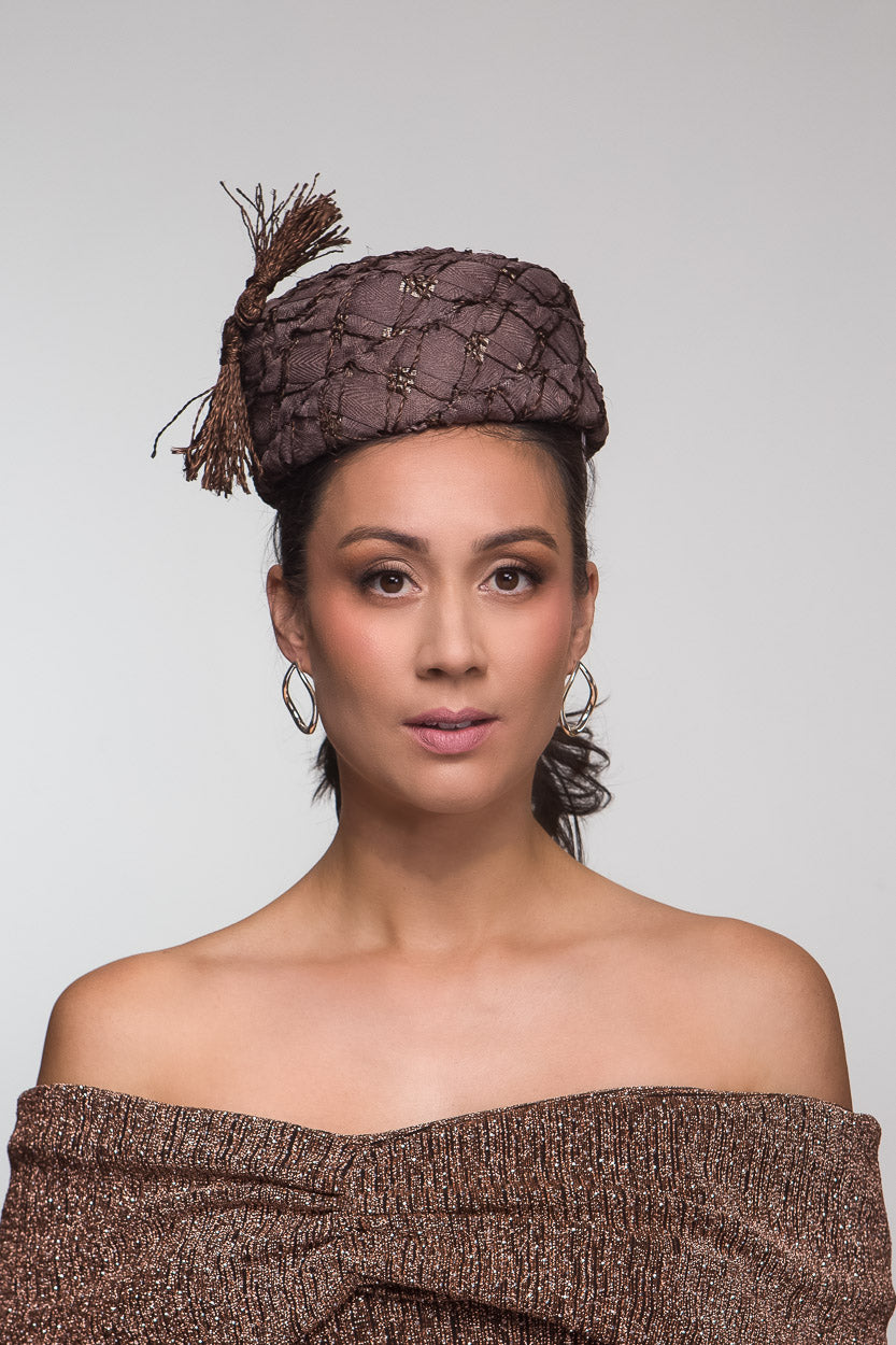 Chocolate Textured Pillbox with Tassels by Felicity Northeast Millinery