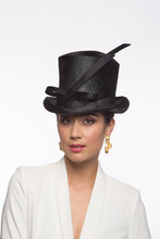Load image into Gallery viewer, The Classic Black Top Hat features a curved top hat, trimmed with lux silk satin bow