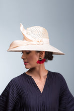 Load image into Gallery viewer, The Cream Fedora with Silk Trim is a modern fedora with a patterned straw crown and slightly curved wide brim