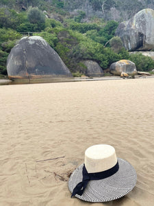 Cream and Black Wide Brim Panama Sunhat