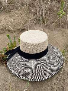 Cream and Black Wide Brim Panama Sunhat