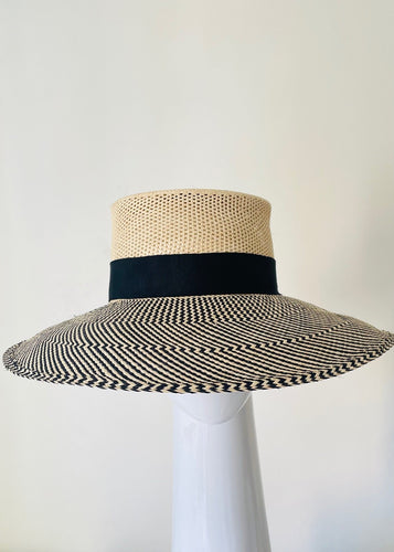 Cream and Black Wide Brim Panama Sunhat