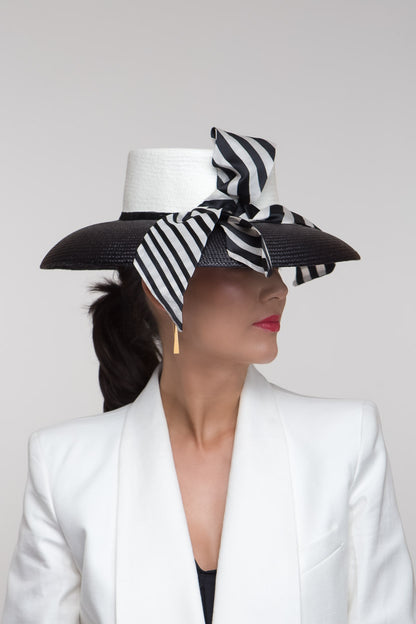  Derby Day Hat with Striped Scarf TrimBy Felicity Northeast Millinery