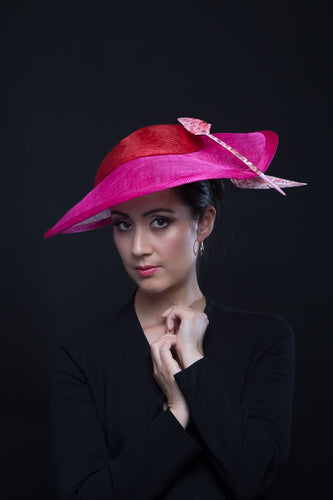 Wide Brimmed Hat in Pinks with Feathers