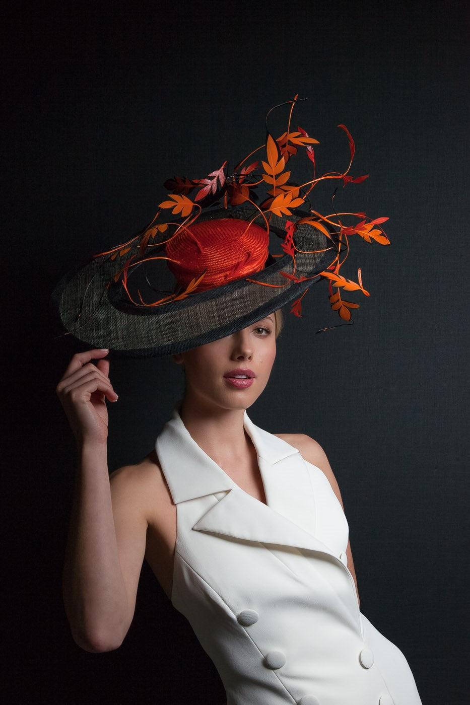 Orange and Black Sweeping Platter with Dancing Feather Leaves by Felicity Northeast Millinery