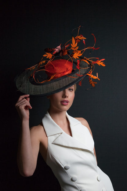 Orange and Black Sweeping Platter with Dancing Feather Leaves by Felicity Northeast Millinery