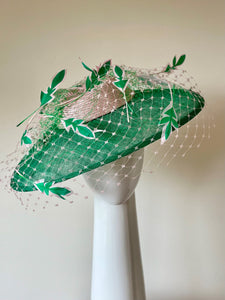 Wide Brimmed Hat with Feather Leaves in Greens and Pink