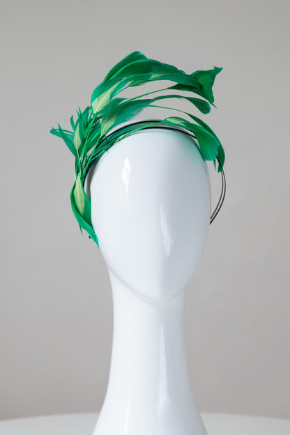 The Floating Two-Toned Green Feathered Headband features sweeping feathers in grass green which are inlaid with soft lime green highlights.