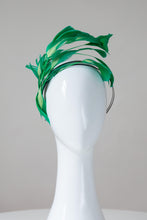 Load image into Gallery viewer, The Floating Two-Toned Green Feathered Headband features sweeping feathers in grass green which are inlaid with soft lime green highlights.