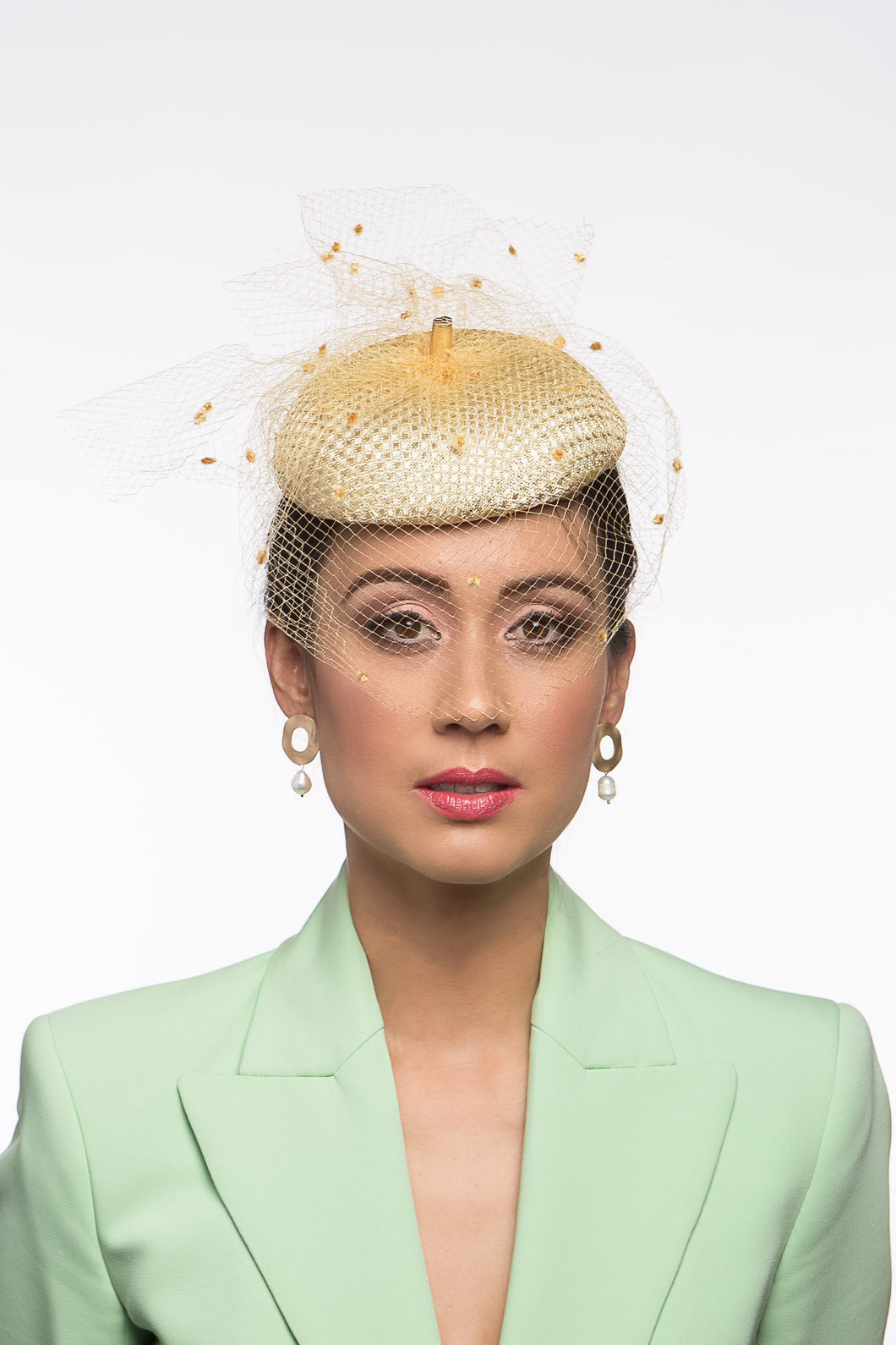 Gold Cocktail Button Hat with Soft Veiling