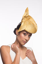 Load image into Gallery viewer, The Golden Yellow Sculptured Raised Beret features an extremely comfortable beret base. Trimmed with hand sculptured twists and folds within and around the beret
