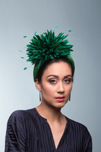 Load image into Gallery viewer, The Green Chrysanthemum Low Headband is a beautiful close fitting straw headband with pom pom chrysanthemums. Green is the colour of the season