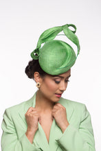 Load image into Gallery viewer, The Green Side Beret with Sculptured Leaves is a two-tiered beret Trimmed with sculptured looped leaves in the same fine weave straw.