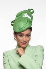 Load image into Gallery viewer, The Green Side Beret with Sculptured Leaves is a two-tiered beret Trimmed with sculptured looped leaves in the same fine weave straw.