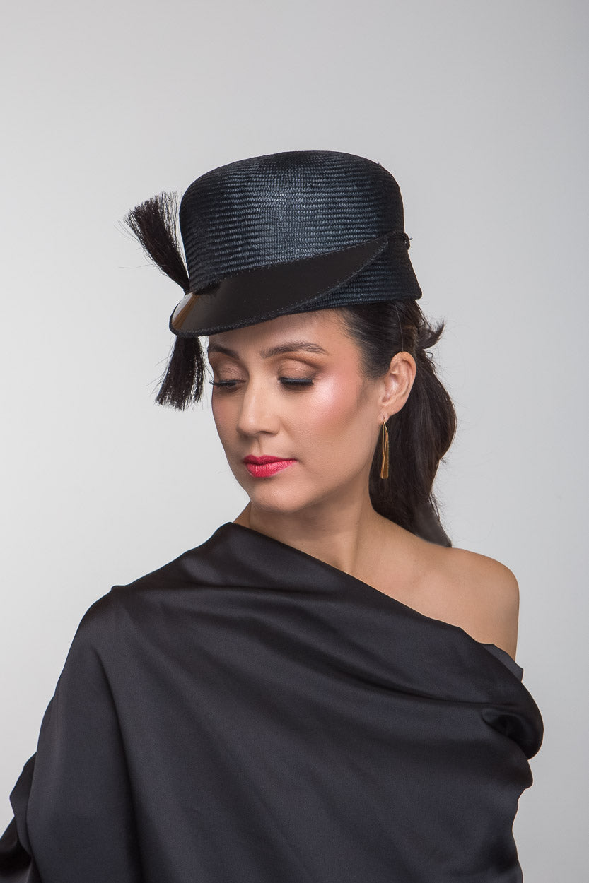 High Black Cap with Side Tassels by Felicity Northeast Millinery