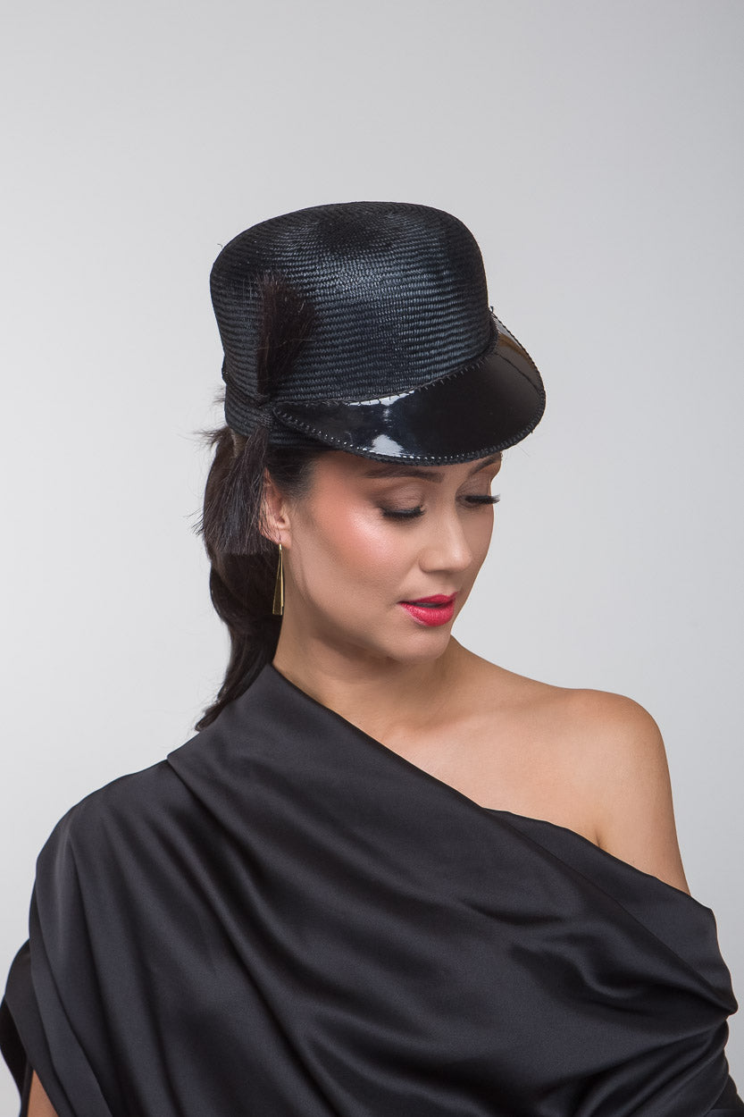 High Black Cap with Side Tassels by Felicity Northeast Millinery