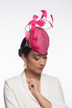 Load image into Gallery viewer, Hot Pink Beret with Floating Feathers is a straw beret and is designed to be worn at the centre of the forehead.