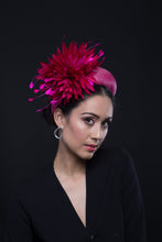 Load image into Gallery viewer, The Hot Pink Chrysanthemum Halo Headband is a raised straw headband with pom pom chrysanthemums.