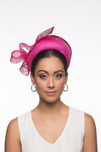 Load image into Gallery viewer, The Hot Pink Halo Headband with Floating Bow features a parisisal straw headband trimmed with a sinamay edge and a gorgeous floating bow which adds lightness and height