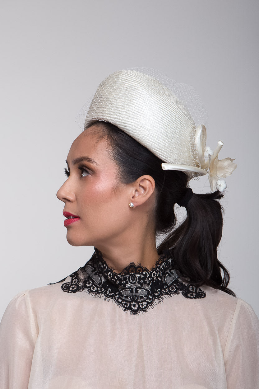 Ivory Pillbox with Floral Bow Trim by Felicity Northeast Millinery