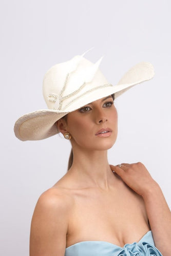 Ivory Cowgirl Hat with Diamante Bow By Felicity Northeast Millinery