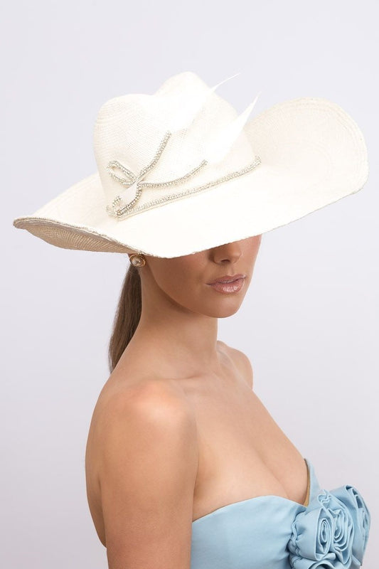Ivory Cowgirl Hat with Diamante Bow By Felicity Northeast Millinery