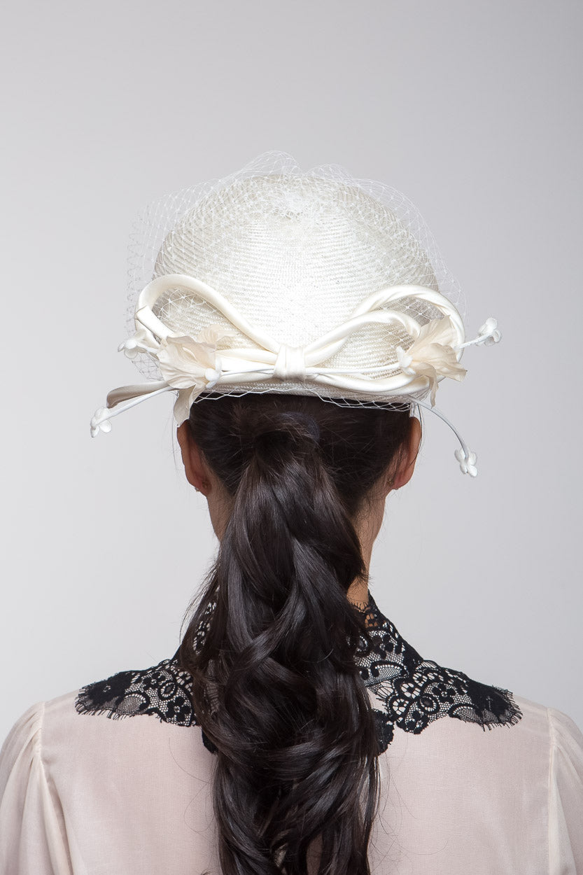 Ivory Pillbox with Floral Bow Trim by Felicity Northeast Millinery