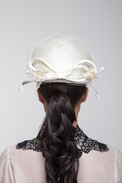 Ivory Pillbox with Floral Bow Trim by Felicity Northeast Millinery
