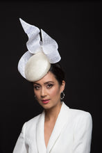 Load image into Gallery viewer, he Ivory and White Swirl Cocktail Hat is a beautiful, raised button beret in ivory straw and trimmed with a gorgeous white floating bow that adds lightness and height