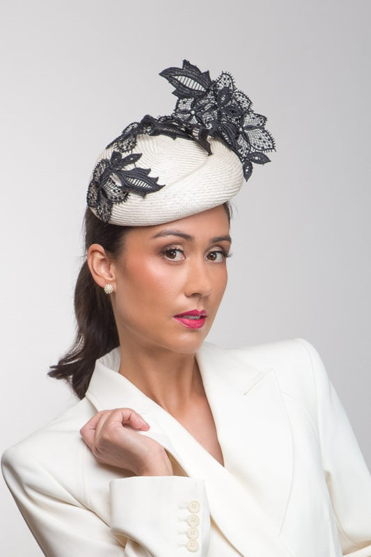 Lace Beret in Cream and Black by Felicity Northeast Millinery