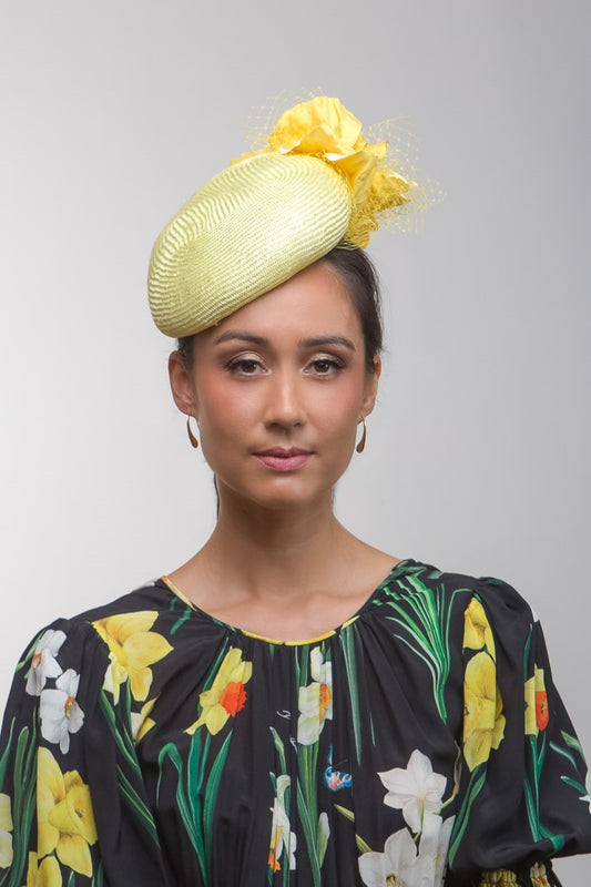 Lemon Beret with Side Silk Flower by Felicity Northeast Millinery
