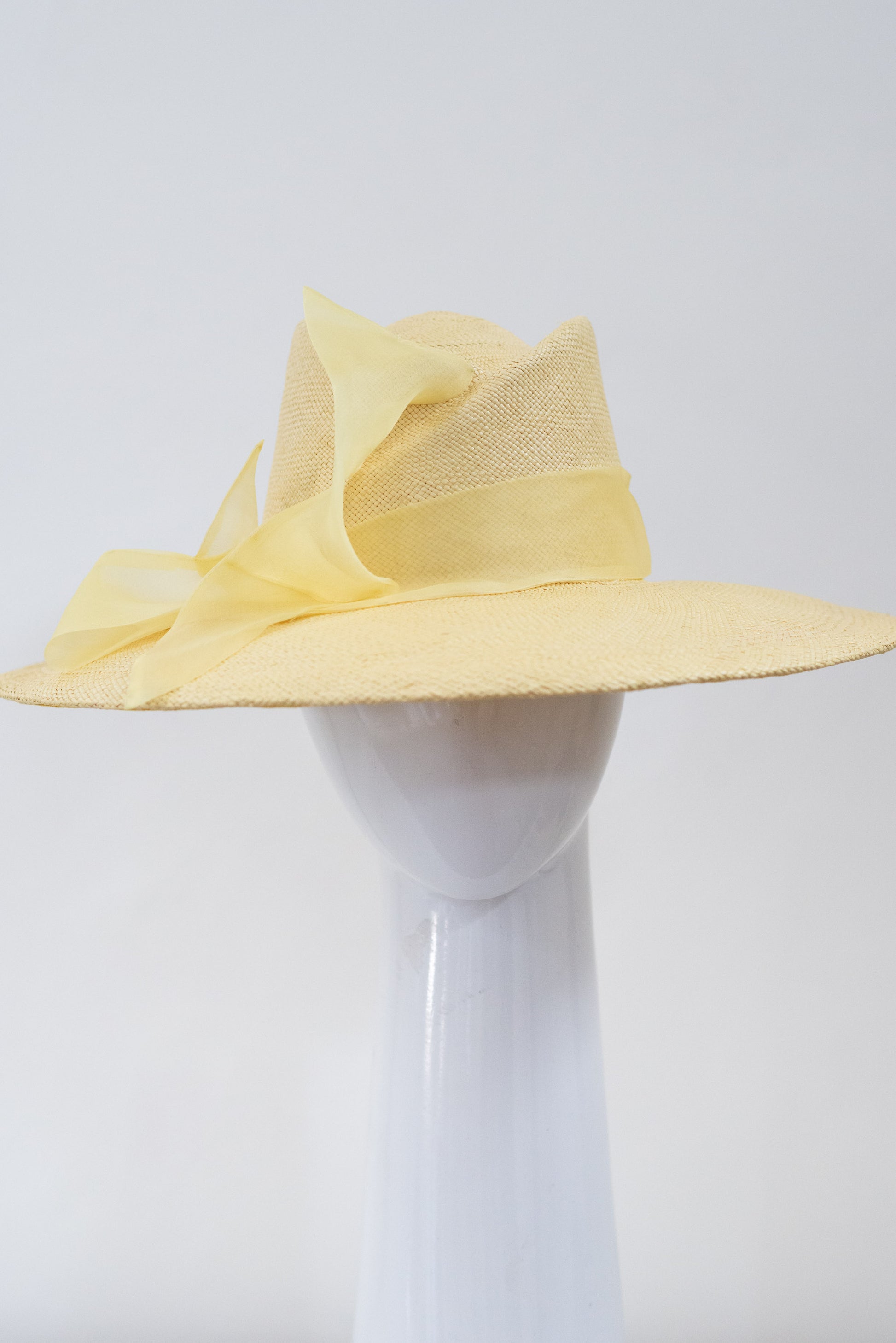 Lemon Slanted Fedora with Soft Organza Bow By Felicity Northeast Millinery