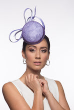 Load image into Gallery viewer, The Lilac Button Percher Hat features a raised button hat trimmed with silk satin stylised double bows which look beautiful from every angl