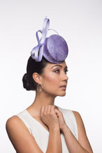 Load image into Gallery viewer, The Lilac Button Percher Hat features a raised button hat trimmed with silk satin stylised double bows which look beautiful from every angl