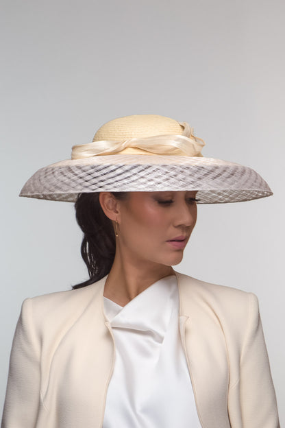 Natural Wide Brimmed Hat with Open Weave Straw By Felicity Northeast Millinery