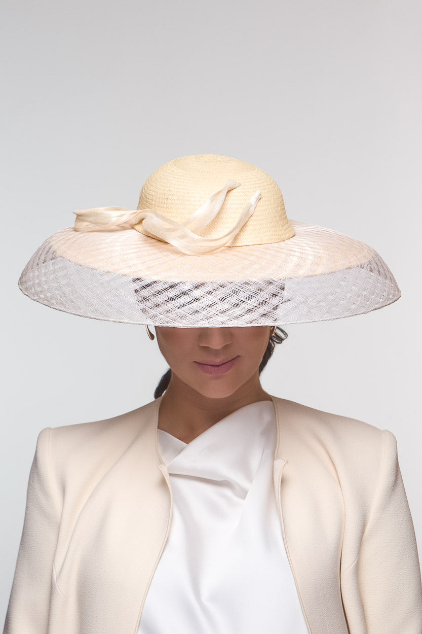 Natural Wide Brimmed Hat with Open Weave Straw By Felicity Northeast Millinery
