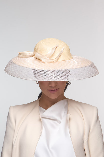 Natural Wide Brimmed Hat with Open Weave Straw By Felicity Northeast Millinery