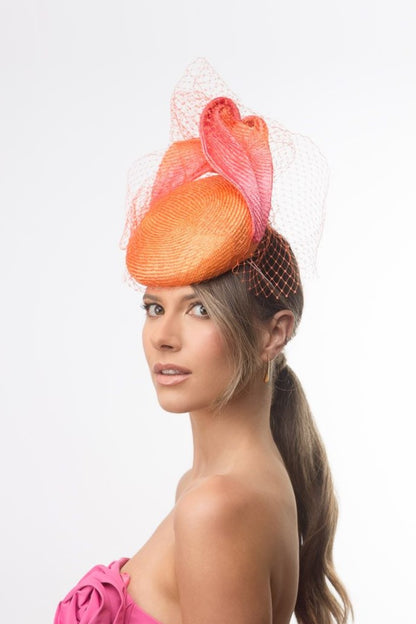 Orange and Pink Veiled Cocktail Hat By Felicity Northeast Millinery