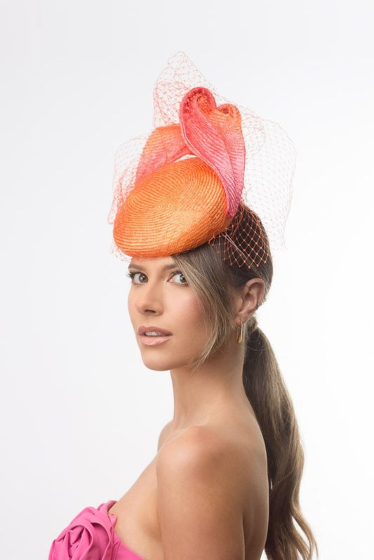 Orange and Pink Veiled Cocktail Hat By Felicity Northeast Millinery