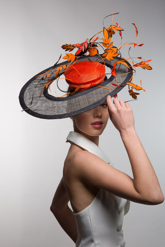 Orange and Black Sweeping Platter with Dancing Feather Leaves by Felicity Northeast Millinery