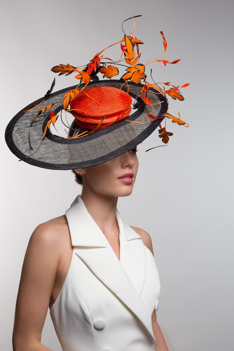 Orange and Black Sweeping Platter with Dancing Feather Leaves by Felicity Northeast Millinery