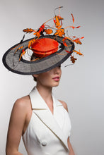 Load image into Gallery viewer, Orange and Black Sweeping Platter with Dancing Feather Leaves by Felicity Northeast Millinery